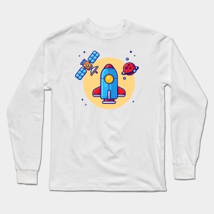 Space Shuttle Flying with Planet and Satellite Space Cartoon Vector Icon Illustration Long Sleeve T-Shirt